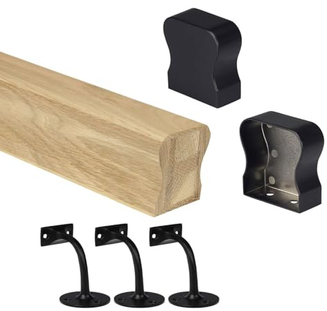 Oak HR Wall Mounted Handrail Kit Oak Handrail with End Caps & Wall Brackets - Chrome, Black, Nickel - 1800mm 2400mm 3600mm 4200mm Lengths (Black, 2400mm)