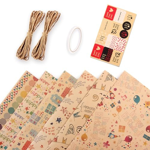 Yolistar Set de Papel de Regalo de Cumpleaños Grande 6 Hojas 70×100 cm – Papel Kraft Reciclable con Cinta Adhesiva Doble Cara y Cordel – Ideal para Regalos de Hombres, Mujeres
