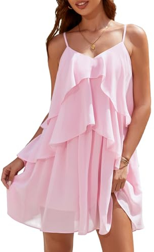 Women's Casual Summer Beach Party Short Boho Dress V Neck Ruffle Layered Swing Dresses Graduation Party Outfit Pink M