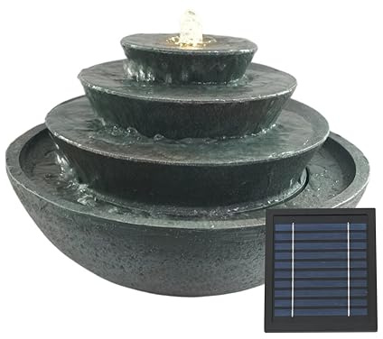 Solar Water Feature, Tiered Stacked Bowl with Battery Backup – Solar Powered Garden Fountain, Self-Contained Design, No Wiring or Running Costs, Outdoor Patio & Lawn Décor