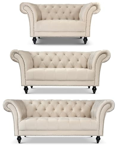 Bravich Chesterfield Velvet Sofa Suite, Cream Armchair, 2 and 3 Seater Sofa Set, Living Room Furniture, Classic Button Back, Solid Wood Frame, 3 Piece Collection