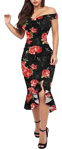 Damsommarklänning 2026 Volang Axelbas Lös Dam Kalla Blommor Slits Enkel Klänning Mode Vanlig Kortärmad Sexig(Hot Pink,XXL)
