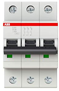 ABB S203-D20 Miniature Circuit Breaker, 3 Pole, Type D, 6/10kA Breaking Capacity, 20 Amp Current (2CDS253001R0201)