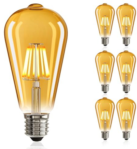 NUODIFAN LED Edison Glühbirne E27, 6 x 8W Vintage Glühbirne Dimmbar LED Filament Birne Lampe Amber Glas (1000 Lumens, 2700K) Ideal für Dekorative