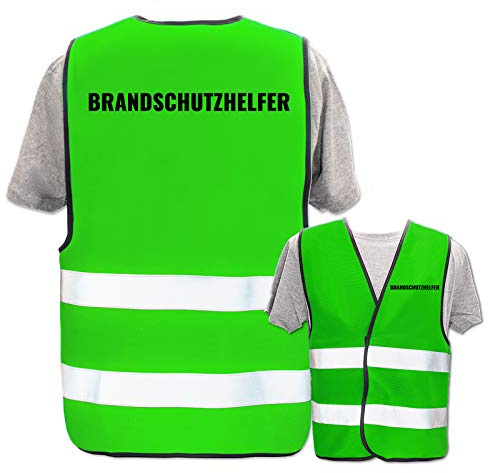 Bedruckte Warnwesten mit ISO-Leuchtstreifen * Standard- oder Reflex-Druck * Erste Hilfe und Brandschutz * Begriff: Brandschutzhelfer * Farbe (Größe): Neon Grün (M/L)