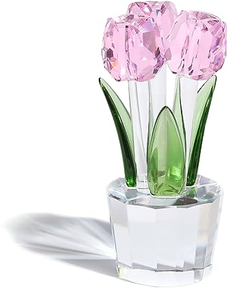 Crystal Pink Tulips Bouquet Figurine Collectible Gifts for Women, Glass Flower Centrepiece Ornaments for Christmas Birthday (with 3 flowers)