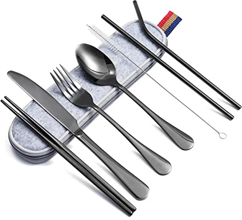 WitBicg Göffel Resebestick, 8 stycken rese- och picknickrätter 1 person, diskmaskinssäker, inklusive kniv, gaffel, sked, ätpinnar, rengöringsborste, sugrör med bärväska, ljusbeständig (svart)