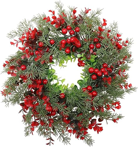 Christmas Wreath,RoadLoo Artificial Christmas Wreath Wreath with Red Berries Winter Decorative Wreath Advent Wreath Door Wreath for Christmas Indoor Outdoor Decor Home Front Door Hanging Wall Window