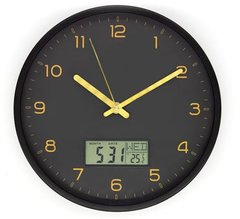 K&L Wall Art Digitale Wanduhr batteriebetrieben analoge Uhr ohne Tickgeräusche Wanduhren mit Datum und Wochentag Schwarz Gold