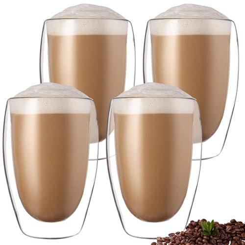 PRITOK Juego de 4 Tazas Desayuno Café Expreso de 450 ml, de Doble Pared, de Vidrio de Borosilicato, para Latte, Macchiato, Capuchino, Cerveza, Leche, Té