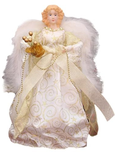 Julängel träddekoration – stående ängel med vita fjädervingar | 31 cm ängel trädtopp figur, tygkjol julgransdekoration för födelsedag, nyår, röd guld silver blå