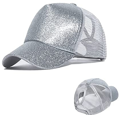 DWE Women Ponytail Baseball Cap, Summer Glitter Visor Cap Mesh Hats Casual Adjustable High Bun Ponycaps for Women Girls Outdoor Sports (UK, Alpha, One Size, Grey)