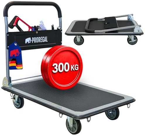 PROREGAL Profi-Plattformwagen Transportwagen Big Rhino 300kg klappbar mit Gummiräder, 360° Lenkrollen & Bockrollen mit Feststellbremse, Werkzeugtasche & 6 Sicherungsösen, Transporthilfe groß & leicht