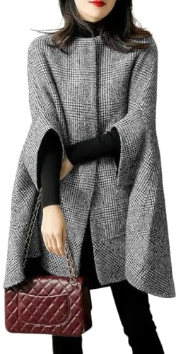 Poncho a cuadros elegante para mujer, de un solo pecho, informal de invierno, mezcla de lana, capa, capa, abrigo (Gris,S)