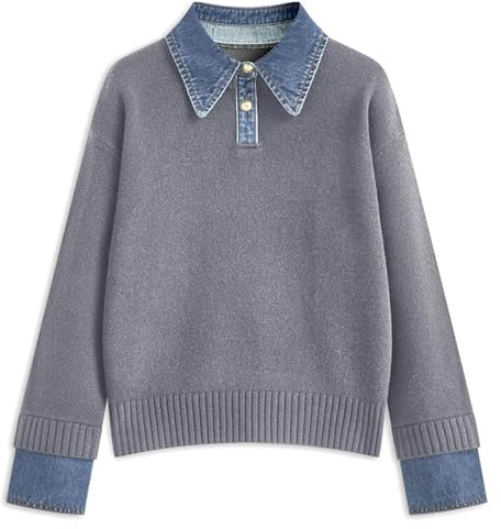 Puramala Pull pour femme au look superposé - Haut en tricot avec col de chemise et ourlet - T-shirt décontracté 2 en 1 pour le bureau et les loisirs, L