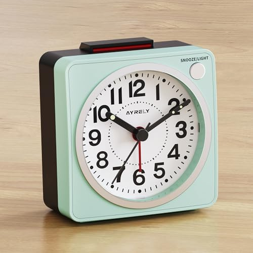 AYRELY® 6.6×3.5cm Ultra Small Analogue Travel Alarm Clock, Silent Non-Ticking, Battery Operated with Snooze & Light, Easy Top Alarm Switch, Compact Bedside Table Clock (Sky Blue)