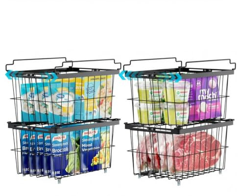 Cestini per congelatore, confezione da 4 scatole espandibili impilabili da cucina, grandi cestelli in filo metallico, per aggiungere spazio facilmente per alimenti surgelati con manici, scaffale da
