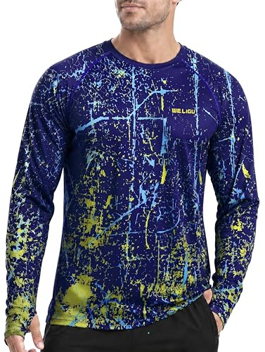 WELIGU T-Shirt Anti-UV Homme Manches Longues UPF 50+ Rashguard de Natation | Passe-Pouces, Séchage Rapide, Léger, Respirant, Extensible dans les 4 Sens, Coupe Décontractée, Imprimé Intégral