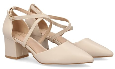 Zapato de Tacon Medio para Mujer con Diseno Elegante de Tiras Cruzadas, Punta Fina, Cierre de Hebilla. Tacon Ancho y Comodo, Ideal Diario u Ocasiones Especiales. Talon Cerrado.
