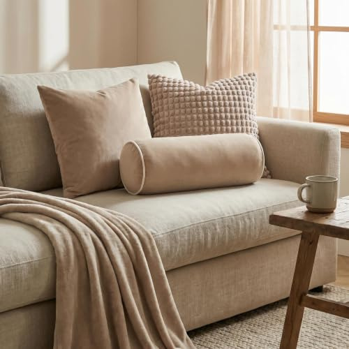 OHS Bolster Cushion Matte Velvet Cylinder Neck Roll Pillow, Natural/Cream