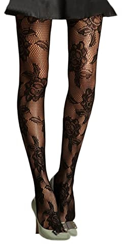 Damen Netzstrumpfhose, gemustert, mit Spitze, mit Muster-Aufdruck, Schwarz, Bold English Rose, Einheitsgröße
