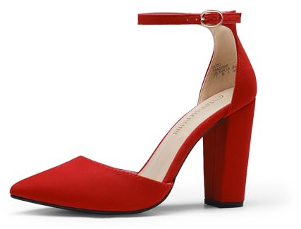 DREAM PAIRS Women's Coco High Heels Chunky Block Pumps Pointed Closed Toe Ankle Strap Dress Shoes,Size 5.5,Red/Suede,Coco