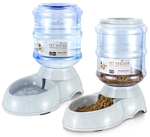 Flexzion Automatic Pet Feeder & Waterer Set of 2 Pack, Self Feeding Replenish Dog Cat Bowls, Gravity Food & Water Storage Container Fountain Jug Pet Supplies Plastic Skid Proof Rubber Feet (3 Gallon)