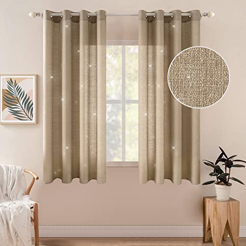 MIULEE 2er Set Voile Vorhang Sheer Leinenvorhang mit Ösen Transparente Unregelmäßige Textur Gardine Ösenschal Fensterschal Lichtdurchlässig für Schlafzimmer 145 x 140cm (H x B) Goldbraun