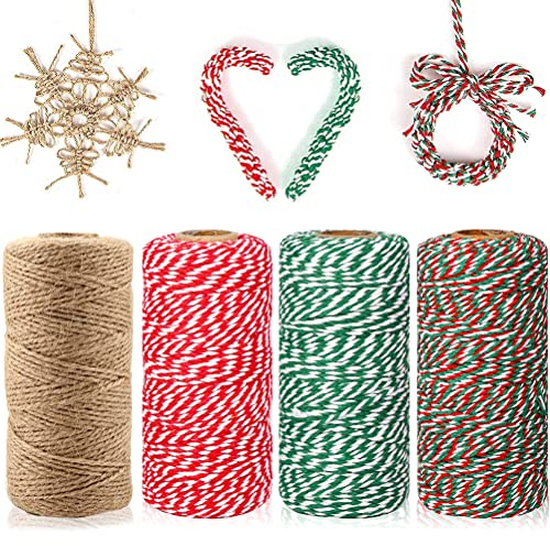 OEMG 200M Hilo de Algodón Rojo y Verde Twine Cuerda de Yute Natural Cordel de Jardín 2mm, Que se Utiliza para Envasar Regalos Hornear Artesanía Bricolaje Decoración Navideña (4 Rollos)