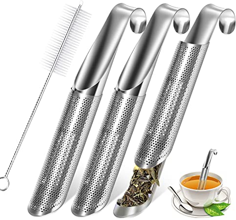 Serrenf 3 Pcs Silver Stainless Steel Tea Infuser Stick Pipe for Loose Tea Leaf, Tea Infusers Pen with Hook