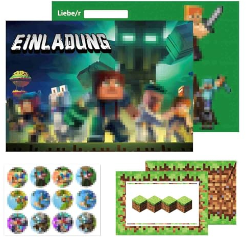 Byhsoep 12x Einladungskarten Kindergeburtstag mit 12 Umschlag,12 Aufkleber,Gamer Pixelmotiv Deutsch Einladungskarten für Einladungen zum Kindergeburtstag
