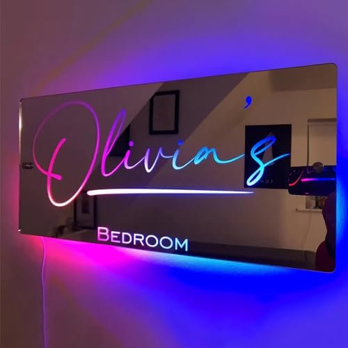 TIRXUIND Personalized LED Name Mirror with Light 12 Color Remote Control Personalized Dresser Lighting Bedroom Living Room Decor Personalized Gift (Horizontal (installation tools included))