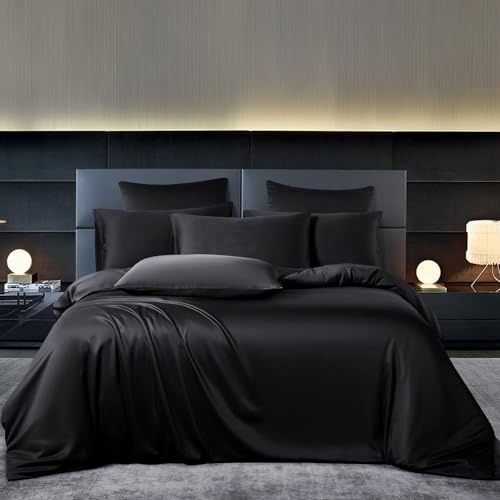 YASMENG Bambu sängkläder 200 x 220 svart enfärgad 50 % bambu Lyocell sängkläder kylande andas lyx sidenpåslakanset 3 delar med dragkedja och 2 örngott 80 x 80 cm