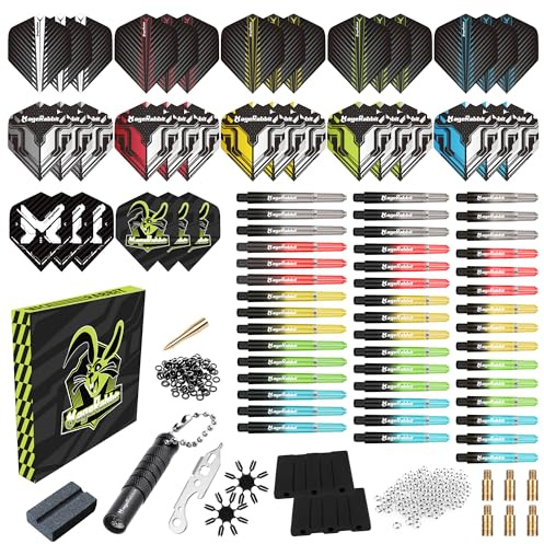 MageRabbit Dart Accessories Kit Including 36pcs Dart Flights 45pcs Dart Shafts for Steel/Soft Tip Darts,Sharpener, Dart Stems Remover Tool, 50 Metal Rings,50 Rubber Rings, Pack of 195pcs Accessories