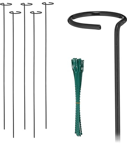 Relaxdays Växtstavar metall, set om 6, rankstavar med ring, 80 cm långa, metallstavar trädgård, med växtbindare, svart