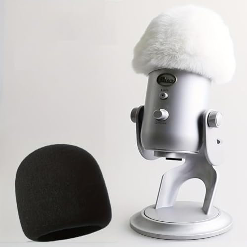 VIZEMO 2 microfoni antivento in schiuma per microfono con rivestimento in pelo, filtro anti-pop per microfono Blue Yeti, Blue Yeti Pro USB (confezione da 2) (bianco peloso + schiuma nera)