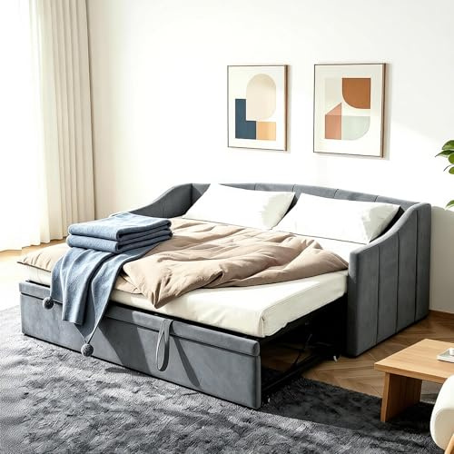 Sofá Cama Tapizada Extensible Para 2 Personas, Nido de la Misma Altura, Con Somieres y Respaldo, Multifunción, Tela de Terciopelo, Sin Colchón (Gris, 90 x 200 cm)