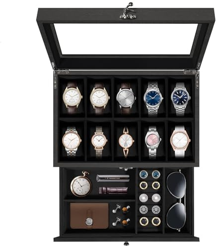 Uten Boîte à Montres 10 Compartiments, 2 Niveaux Coffret à Montres en Bois, Couvercle en Verre, Coffret de Rangement pour Montres, Coussinets Coton de Soie, Doublure Noire, Idée Cadeau