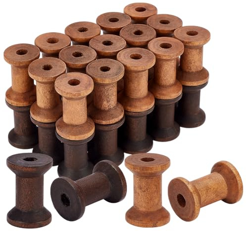 CRAFTYMELODY 30Pcs 2 Colors Wooden Empty Spools Embroidery Thread Bobbins Ribbon Spools Sewing Bobbins for Wire Cord Weaving Arts DIY Crafts Wood Projects Coconut Brown Saddle Brown