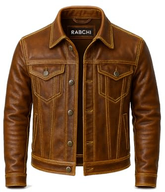 RABCHI Men’s Distressed Brown Lambskin Leather Trucker Jacket – Vintage Denim Style Moto Coat (US, Alpha, Medium, Regular, Regular, tan brown wax leather jacket)