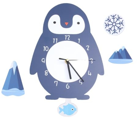 Ipetboom Reloj de Pared Infantil para Aprender la Hora, Diseño de Pingüino Cartoon, Manecillas Silenciosas, PVC, Adorno de Pared