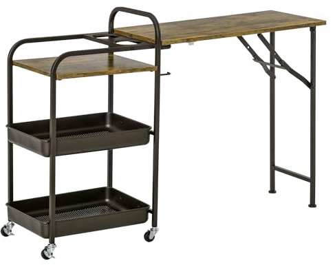 VSOGA Carro de cocina con ruedas para servir con mesa plegable, 2 bandejas y almohadillas ajustables para los pies para cocina y comedor