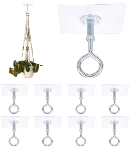 GOMAKERER 10 Sets Ceiling Hook for Hanging Plants, Adhesive Ceiling Hooks No Drilling Ceiling Hooks for Flower Pots Lights Lanterns Wind Chimes Decorations Bird Feeders, Enclosed Design
