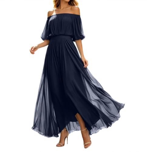 Générique Robe Ete Femme Chic Et Élégante Epaule Denudee Manches Bouffantes Robe Ceremonie Femme Longue Fluide pour Soiree Cocktail Mariage Plage Bohème