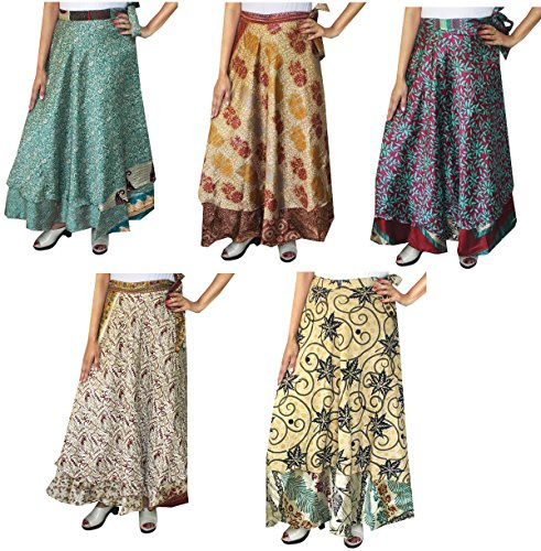 Maple Clothing Women's Indian Vintage Sari Skirts Magic Wrap Around Long Silk Boho Two Layers Multicolored Wholesale 5 Pcs Lot
