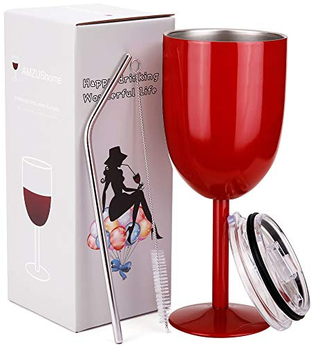 AMZUShome Stainless Steel Wine Glasses Cups.Double Walled Vacuum Insulated Wine Tumbler With Lid and Straw.Friendship,Christmas,Birthday Gifts for Women Men Friends Dad Mom(10oz Red)