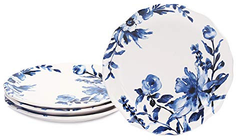 Bico Watercolor Blue Flower Ceramic 8.75 inch Scalloped Salad Plates, Set of 4, for Salad, Appetizer, Microwave & Dishwasher Safe