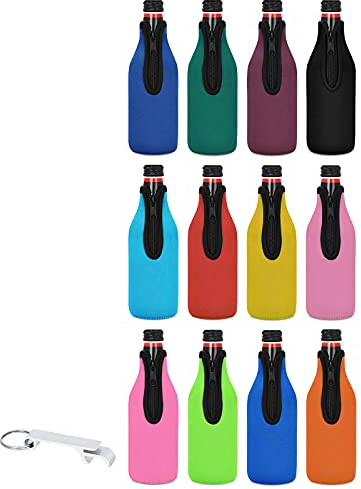 12 Pack Beer Bottle Cooler Sleeves Keep Drink Cold Zip-up Extra Thick Neoprene Insulated Sleeve Cover with Bottle Opener（12 Pack, Multi