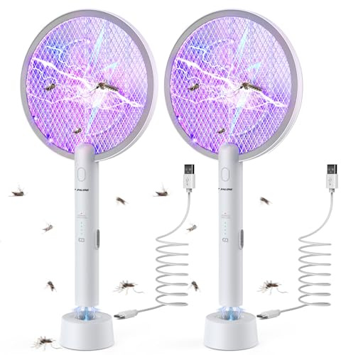 PALONE Electric Fly Swatter 3000V Bug Zapper Racket 2 in 1 Fly Swatter with 1200mAh Battery Rechargeable Mosquito Killer Lamp with 3 Layers Safety Mesh for Indoor and Outdoor (2 Pack)