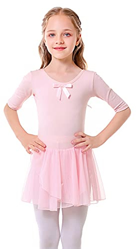 Bezioner Flickor dansklänning balettklänning barn 1/2 ärmar gymnastikkläder med rosa tutu-kjol 140
